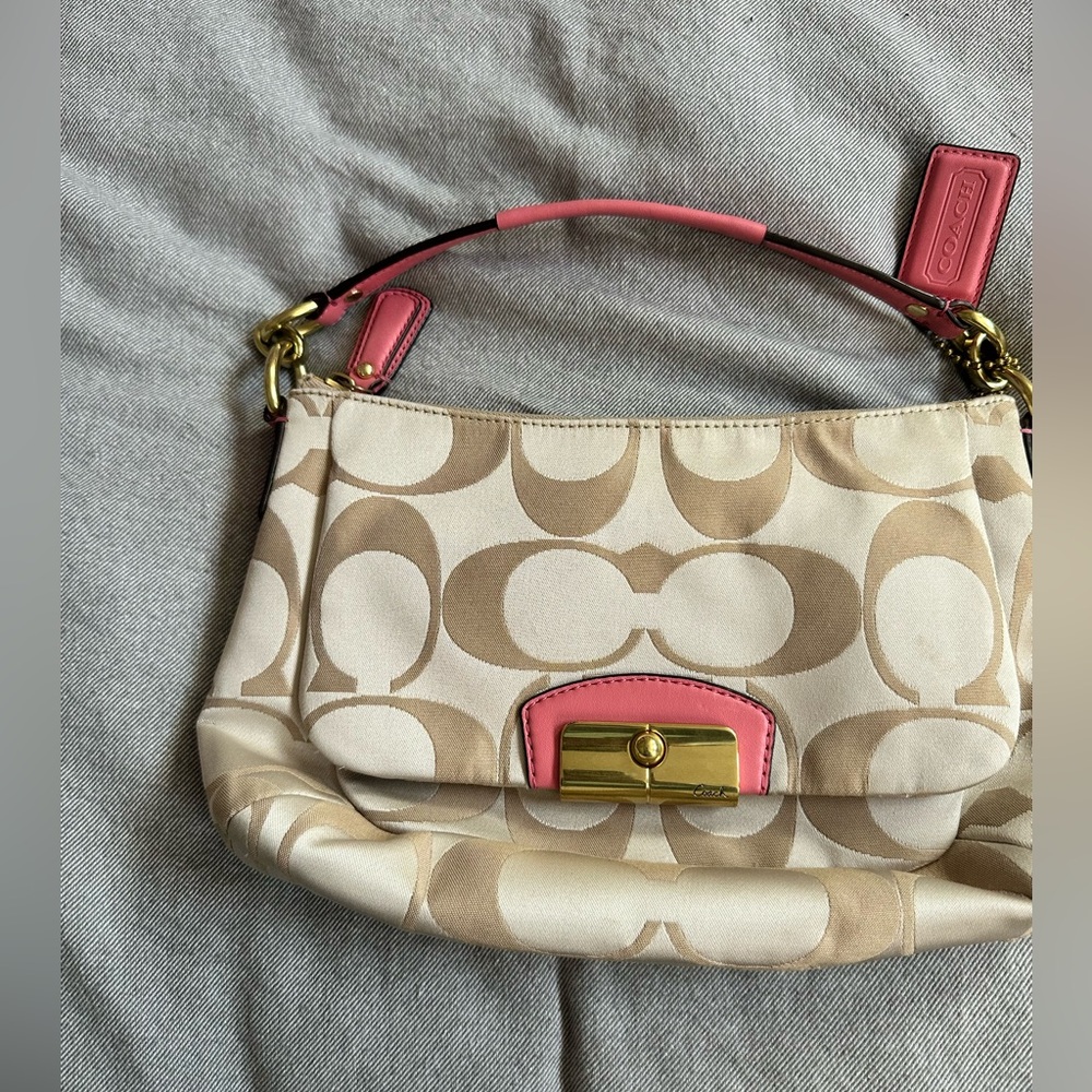 Coach Kristin Signature Convertible Hobo Bag in beige and pink
